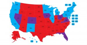 Raspoređenost crvenih, plavih i ljubičastih saveznih država